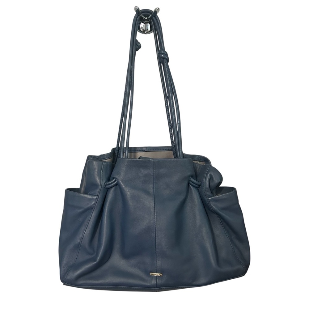 Vince Camuto Blue Gray Leather Nicco Shoulder Bag Hobo Tote Knot Strap Designer